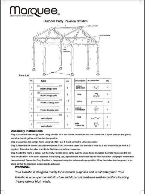 Outdoor Party Pavilion Marquee 3mW x 2.5mH x 5.9mL