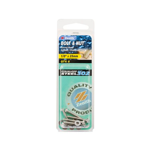Zenith 1/8" x 25mm Stainless Steel Round Head Bolt And Nut - 6 Pack (6903451156632)