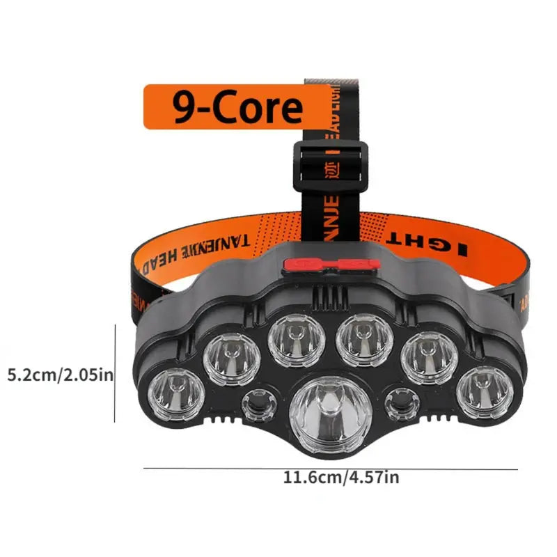 9 LED Headlamp, Outdoor ABS Head-mounted 4 Modes Rechargeable Flashlight