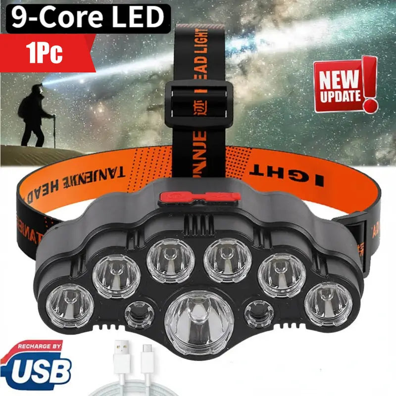 9 LED Headlamp, Outdoor ABS Head-mounted 4 Modes Rechargeable Flashlight