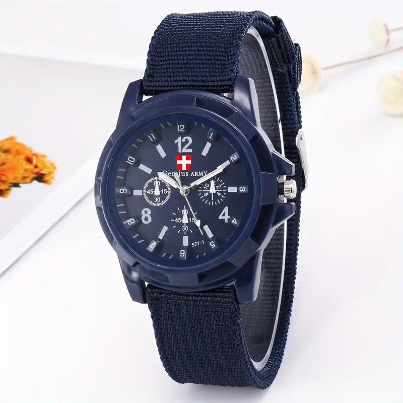 Watches 1pc Men's Pointer Casual Style Nylon Strap Quartz Watch BLUE