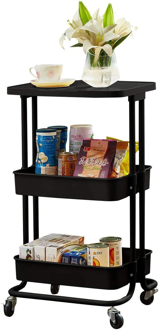 Supply 3 Tier Rolling Cart with Practical Tabletop BLACK