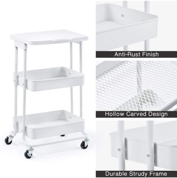 Storage 3 Tier Rolling Cart with Practical Tabletop WHITE