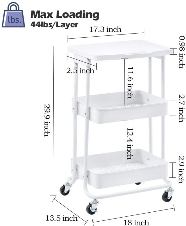 Storage 3 Tier Rolling Cart with Practical Tabletop WHITE