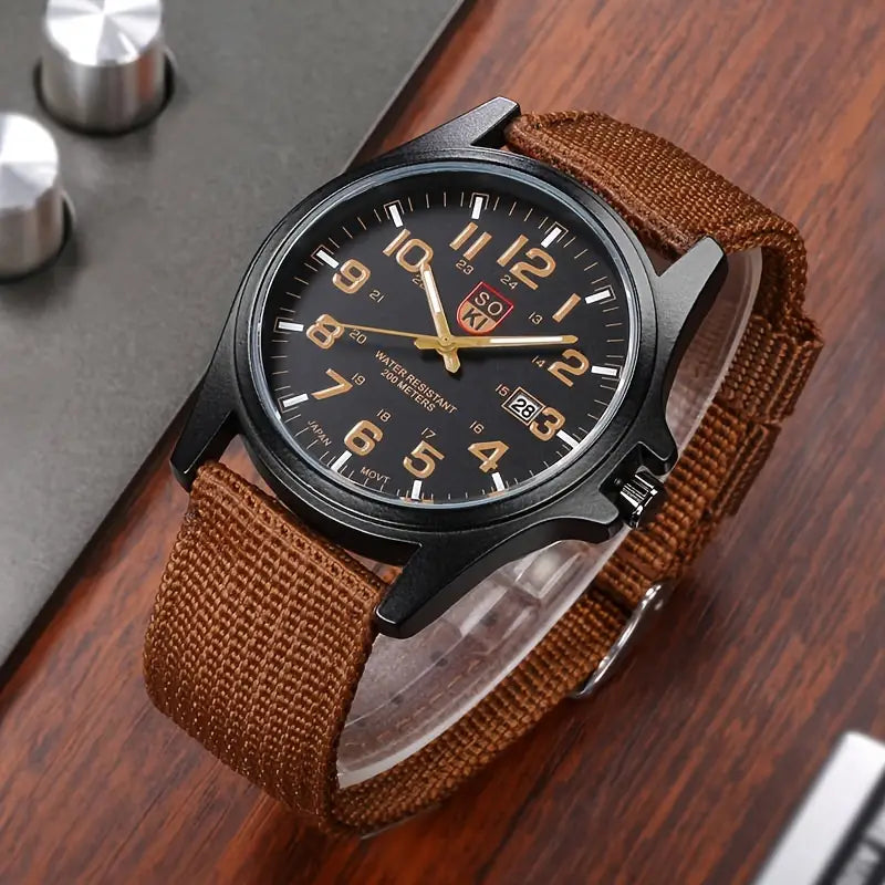 Watches Fashion Military Watch w/Braided Nylon Watch Band Brown