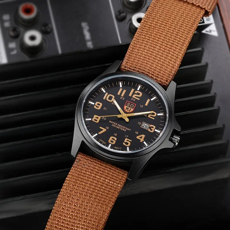 Watches Fashion Military Watch w/Braided Nylon Watch Band Brown