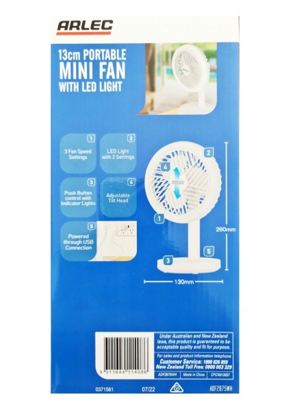 Fans Arlec 13cm Portable mini Fan with LED Light/3 Speed