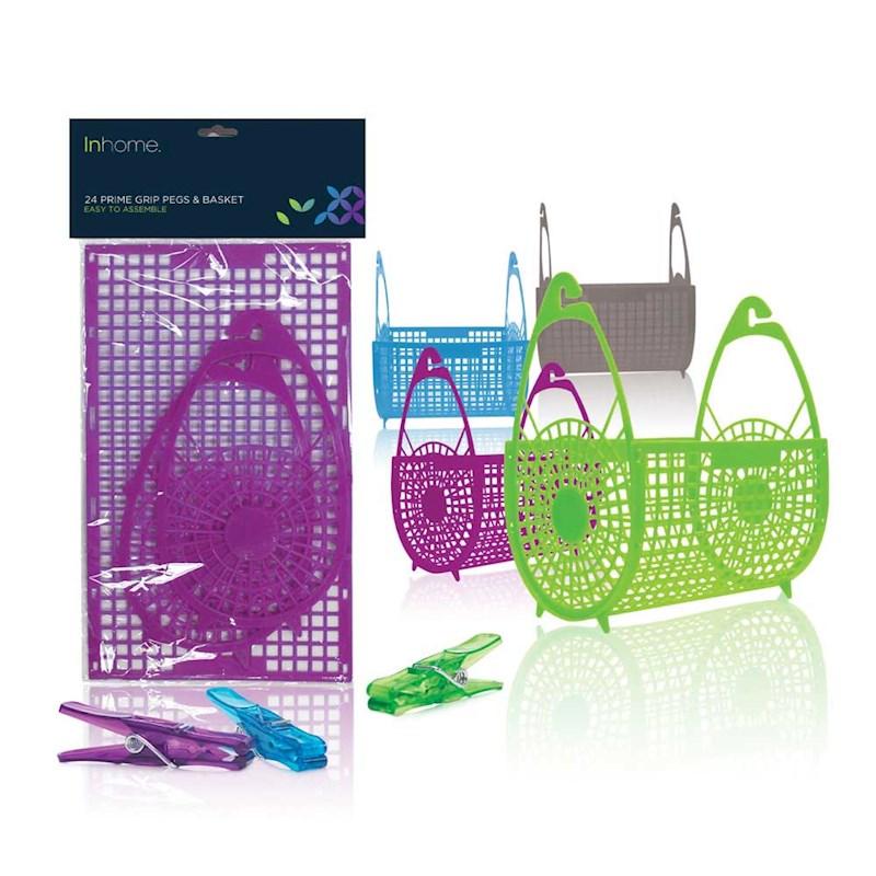 Laundry Inhome Flat Basket with 24 Wondergrip Pegs Assorted