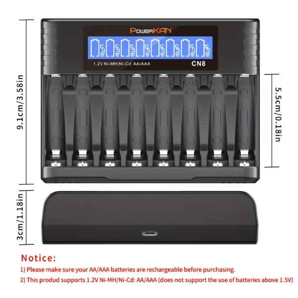 Tech 8-slot AA AAA Battery Charger 500mA*8-slot High-speed Charging And USB-C