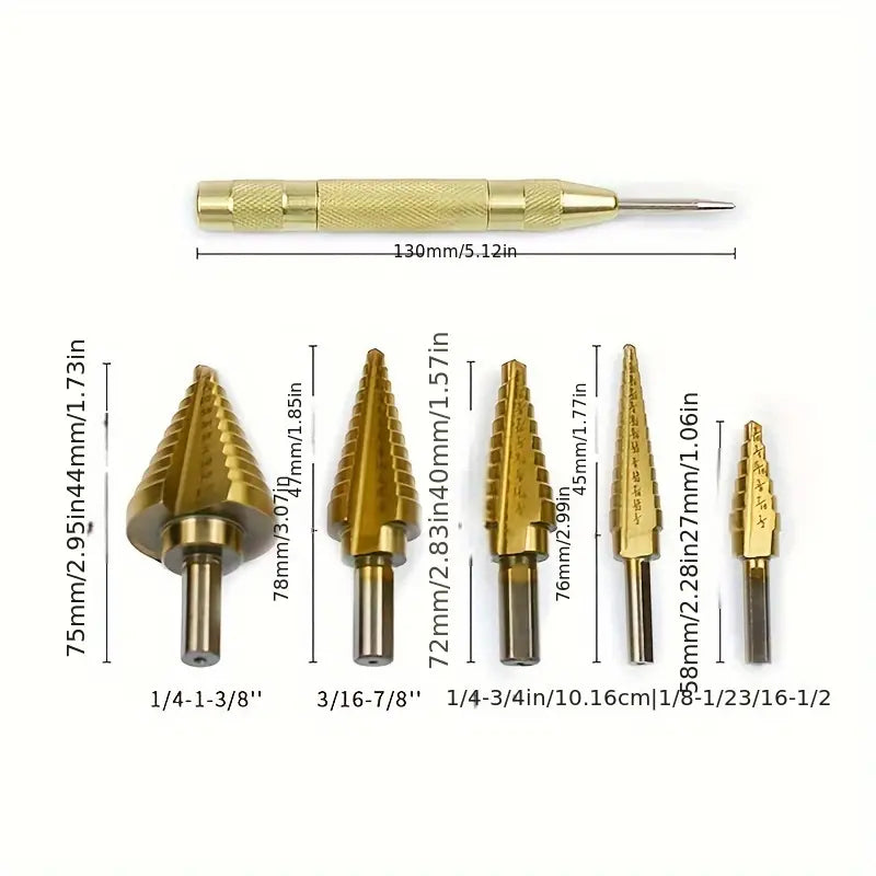 Tools 6pcs High-Speed Steel Titanium Coated Step Drill Bit Set