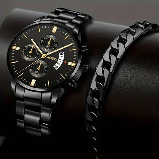 Watches Elegant Casual Stainless Steel Men's Quartz Watch & 1pc Bracelet