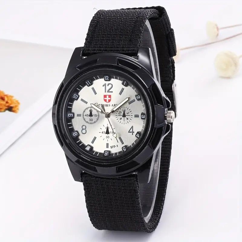 Watches 1pc Men's Pointer Casual Style Nylon Strap Quartz Watch BLACK