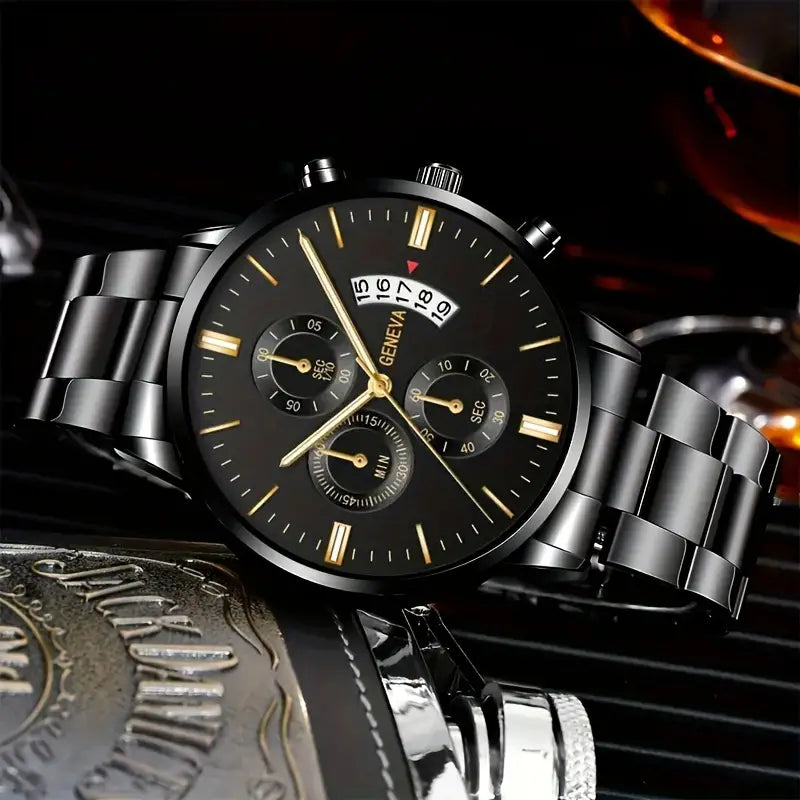 Watches Elegant Casual Stainless Steel Men's Quartz Watch & 1pc Bracelet