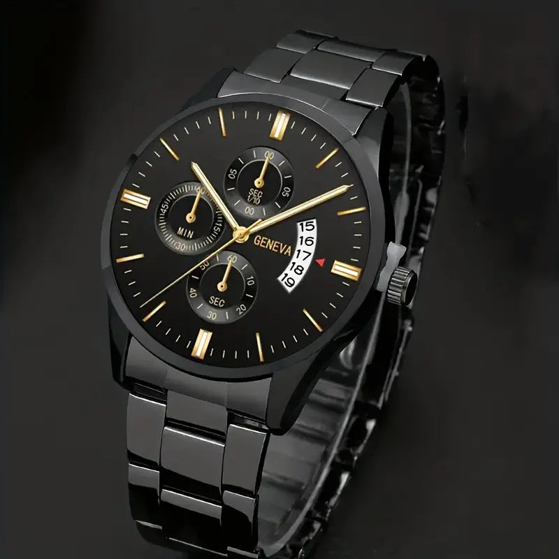 Watches Elegant Casual Stainless Steel Men's Quartz Watch & 1pc Bracelet