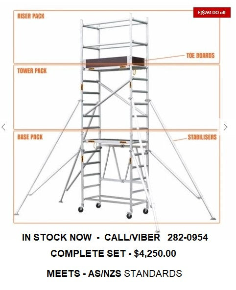 Ladders Mobile Scaffold Pack, Full Set, Base + Tower + Riser (Stabilizers Sold Separately)