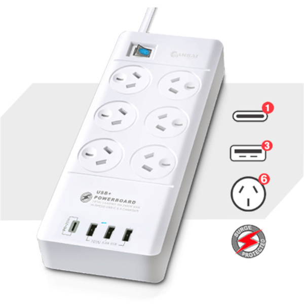 Tech Sansai 6 Way Surge Powerboard with 3x USB, 1x USB-C Charging Ports